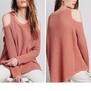 Free People cold shoulder waffle print  Sweater - Coral